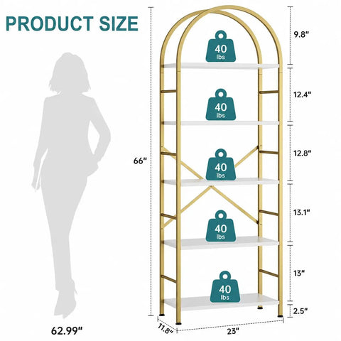 Clean Vibe Five Tier Arched Bookshelf With Brushed Gold Finish And No Hassle Assembly, Solid Storage Rack dimensions and weight capacity.