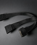 15 Pin Male To Dual Female Power Extension Cable Flat Short Design For Hard Drives Optical Drives Server Racks Plug And Play Smooth Swap To Up Your Rig on a dark background.
