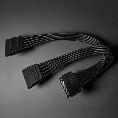 15 Pin Male To Dual Female Power Extension Cable Flat Short Design For Hard Drives Optical Drives Server Racks Plug And Play Smooth Swap To Up Your Rig on a dark background.