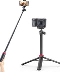 Get The Ultimate Extendable Phone Tripod That Works As Selfie Stick Vlog Stand Featuring Two In One Phone Clip And Full Three Sixty Ball Head Perfect For Iphone Sony And Dji Osmo Action Cameras Super Lightweight For Travel shown extended with phone and camera