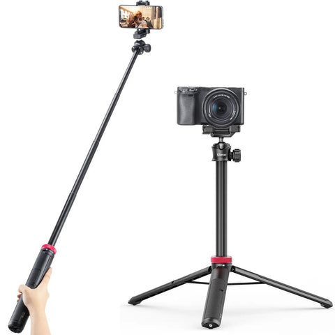 Get The Ultimate Extendable Phone Tripod That Works As Selfie Stick Vlog Stand Featuring Two In One Phone Clip And Full Three Sixty Ball Head Perfect For Iphone Sony And Dji Osmo Action Cameras Super Lightweight For Travel shown extended with phone and camera