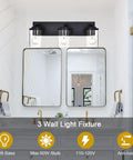Modern 3 Light Vanity Light Fixture in Black With Clear Glass Shades for Bathroom Wall Over Mirror Rustic Farmhouse Sconce Lighting