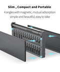 Compact Mini Electric Screwdriver Kit with 55 Bits in slim magnetic casing, showcasing portability and unique design angles.