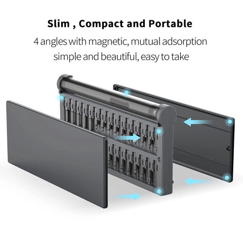 Compact Mini Electric Screwdriver Kit with 55 Bits in slim magnetic casing, showcasing portability and unique design angles.