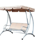 Beige Outdoor Swing Canopy Replacement Top Cover Easy Fit All Weather Rainproof Dustproof Weatherproof With Durable 190T Polyester Taffeta Includes Swing Cushion Cover For Patio Furniture And Garden Seats. Metal swing with beige canopy.