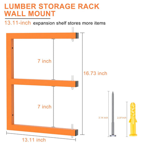 Lumber Storage Rack Wall Mounted, 13.11-inch heavy duty orange board holder dimensions with adjustable arms for organizing.