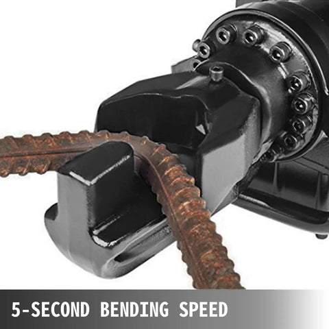 Detail of Happybuy Portable Electric Rebar Bender bending 16Mm steel rod with a 5-second bending speed.