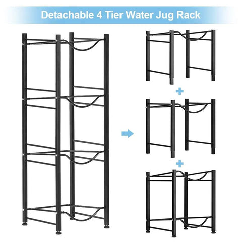 Heavy Duty 4 Tier Water Jug Rack for 5 Gallon Jugs Detachable Black Metal Bottle Holder Space Saving Storage Shelf Organizer
