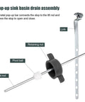 Pop-up sink basin drain assembly with metal pivot rod, retaining nut, and pivot ball for Moen 11985 drain kit.