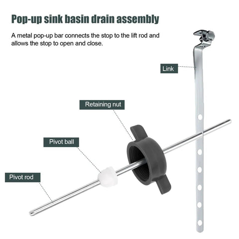 Pop-up sink basin drain assembly with metal pivot rod, retaining nut, and pivot ball for Moen 11985 drain kit.