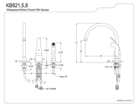 Technical drawing of Chatham Style Single Lever Kitchen Faucet With Sprayer For 3 Hole Install 9 Inch Goose Neck Polished Chrome Solid Brass.