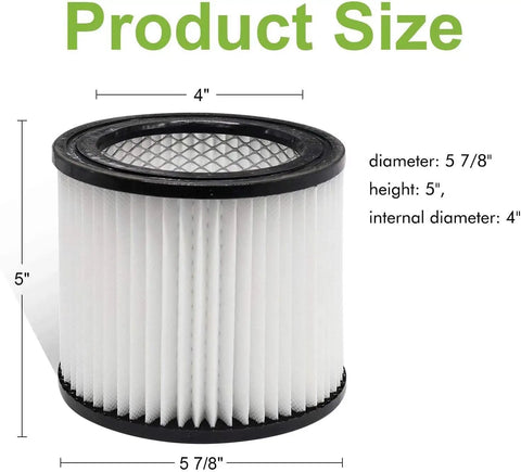 Replacement Filter Cartridge For 90398 And 9039800 Series Wet Dry Vacuums Type AA Small Cartridge Filter with dimensions.