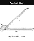 Heavy Duty Stainless Steel Angle Protractor With Two Smooth Sliding Arms For No Sweat Adjustments Built For Serious Woodworking And Machinist Layout Work Featuring Dual Metric And Imperial Scale With Laser Etched Markings, measuring 12.2" and 14.2".