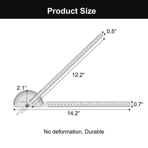 Heavy Duty Stainless Steel Angle Protractor With Two Smooth Sliding Arms For No Sweat Adjustments Built For Serious Woodworking And Machinist Layout Work Featuring Dual Metric And Imperial Scale With Laser Etched Markings, measuring 12.2" and 14.2".