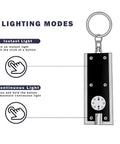 Diagram showing two lighting modes of Mini LED Keychain Flashlight Pack Of 8 Tiny Pocket Light 12 Lumen Bright On The Go Featherlight