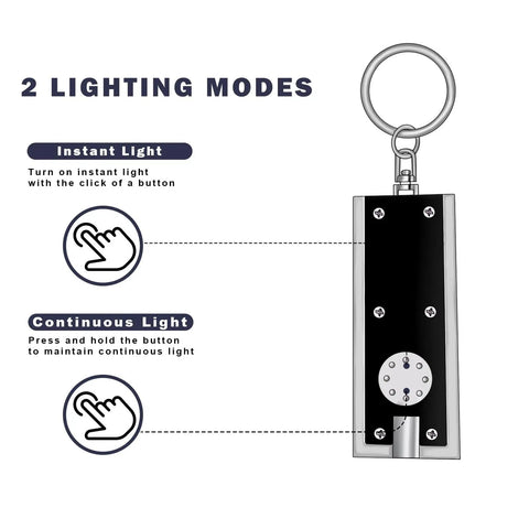 Diagram showing two lighting modes of Mini LED Keychain Flashlight Pack Of 8 Tiny Pocket Light 12 Lumen Bright On The Go Featherlight