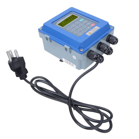Dead Nuts Accurate Digital Wall Mount Lcd Ultrasonic Flowmeter Tester With Isolated Rs485 Port And Analog Input For Hassle Free Liquid Calibration Ip67 Water Resistant Us Plug, showing display and connections.