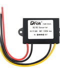 9V-36V To 12V DC Buck Boost Converter Waterproof Rugged Auto Step Up Down Voltage Regulator 5A 60W For Car Audio Solar Power System LCD TV LED Display Plug And Play, shown front view with wires