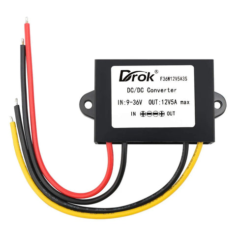 9V-36V To 12V DC Buck Boost Converter Waterproof Rugged Auto Step Up Down Voltage Regulator 5A 60W For Car Audio Solar Power System LCD TV LED Display Plug And Play, shown front view with wires