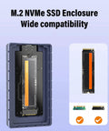 No Sweat M2 NVMe SSD Enclosure showing compatibility with M.2 drives, rugged design and aluminum core for heat dissipation.