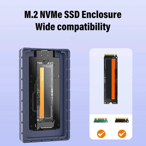No Sweat M2 NVMe SSD Enclosure showing compatibility with M.2 drives, rugged design and aluminum core for heat dissipation.