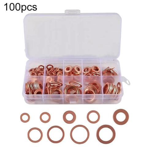 Solid 100 Pcs Copper Washers Assortment Kit With Seven Sizes M4-M14 Flat Sump Plug Oil Drain Seal Gaskets For Auto Plumbing And Mech Jobs, plastic box