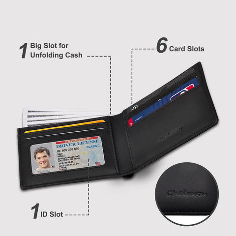 Open Ridiculously Sleek Slim RFID Blocking Wallet For Men with ID Window, showcasing card slots and ID slot, vegan leather material.