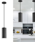 Sleek 4 Inch Led Pendant Lights, 25W Cylinder Hanging Fixtures With Dip Switch, Modern Eye Care Indoor Ceiling Lamps For Kitchen Island Flex Zone Or Home Office Setup In Matte Black 2 Pack, hanging view in kitchen.