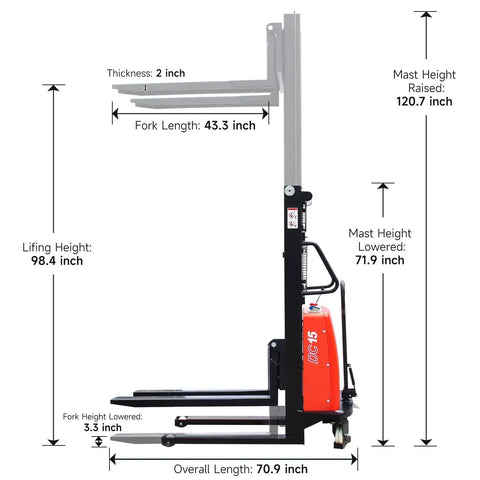 Fworkleft Semi Electric Pallet Stacker With 3300 Lb Capacity And Lithium Battery Powered Walkie Design featuring 98 inch lift height specifications.
