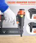 2 In 1 Pneumatic Brad Nailer And Staple Gun For Carpentry Drives 18 Gauge Brad Nails In Use With Lock Feature Shown