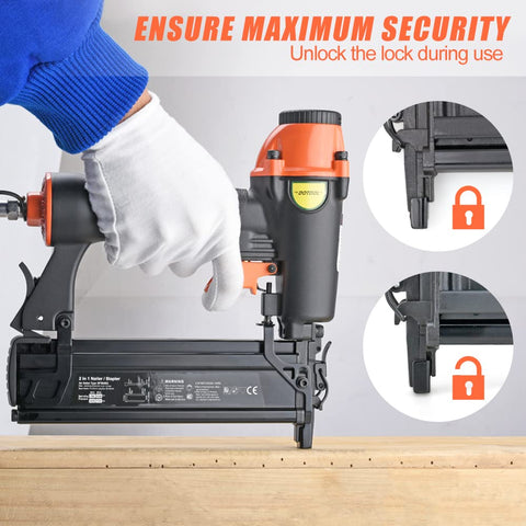 2 In 1 Pneumatic Brad Nailer And Staple Gun For Carpentry Drives 18 Gauge Brad Nails In Use With Lock Feature Shown