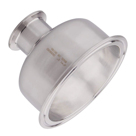 Angled view of stainless steel 304 tri-clamp bowl reducer sanitary fitting, 4 in x 1.5 in.