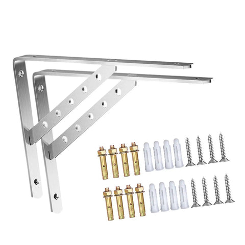 Two Pack Wall Mounted Stainless Steel Brackets With Triangular Structure Heavy Duty Shelf Brackets Adjustable Height Modern Minimalist Design Easy Install Kit Perfect For Home Office Or Garage Storage, screws, and wall plugs