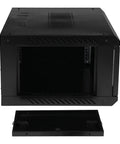 Heavy Duty 4U Wall Mount Server Rack Cabinet Built Tough For Network Switches And IT Gear With Shatter Resistant Glass Door showing open front view.