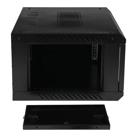 Heavy Duty 4U Wall Mount Server Rack Cabinet Built Tough For Network Switches And IT Gear With Shatter Resistant Glass Door showing open front view.