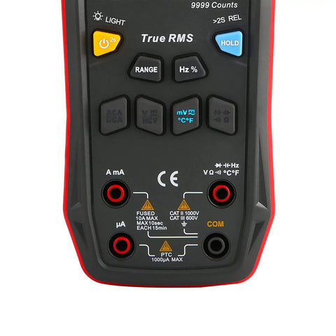 Close-up of Smart Digital Multimeter UT60S True RMS 9999 Counts 1000V AC DC with ports and buttons visible.