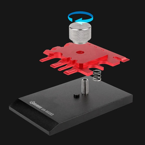 Exploded view of Metal Small Etched Parts Bender Model UA90183 for hobbyists showing red etched plate and silver knob