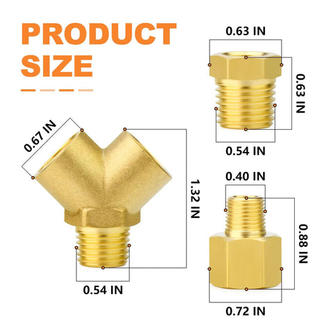 Product dimensions of Brass Pipe Fitting Tee Y Adapter Three Way With One Male Branch And Two Female NPT Ports One Eighth Inch Size