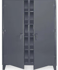 Rock Solid Heavy Duty Double Shift Storage Cabinet In Dark Gray 60X24X72 Inches 12 Gauge Steel with double doors.