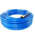 Rock Solid 1/4 Inch Npt Fitting Polyurethane Air Hose Ultra Smooth Flexing Pneumatic Tubing in blue, coiled with a brass fitting.