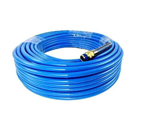 Rock Solid 1/4 Inch Npt Fitting Polyurethane Air Hose Ultra Smooth Flexing Pneumatic Tubing in blue, coiled with a brass fitting.