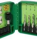 Open case showing Metric Drill Tap Countersink Set M3 to M10, 6 piece, high speed steel, with precise threads and clean countersinks.