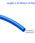 Blue PU hose detail with measurements, 5mm ID x 8mm OD, 1.25 meters long. Versatile Pneumatic Tubing For Air Tools And Water Transfer 5mm ID X 8mm OD PU Hose 4 Ft Long Blue Workhorse For Air Compressors Garden Lab And General Industrial Use.