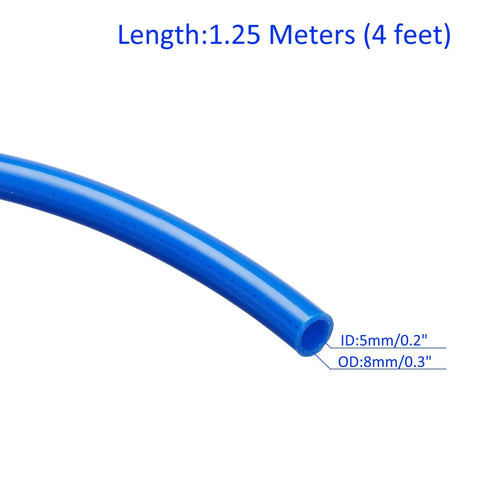 Blue PU hose detail with measurements, 5mm ID x 8mm OD, 1.25 meters long. Versatile Pneumatic Tubing For Air Tools And Water Transfer 5mm ID X 8mm OD PU Hose 4 Ft Long Blue Workhorse For Air Compressors Garden Lab And General Industrial Use.