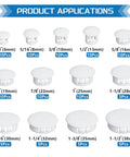 White Nylon Hole Plugs Kit With 13 Sizes From Quarter Inch To One And A Half Inch For Furniture Cabinets And End Caps Snap On Fit Easy Installation Wear Resistant Assorted Value Pack, showing various plug sizes.