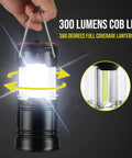 Two Pack Rechargeable Camping Lanterns With Dual Power Source Beaming 360 Degree Lantern Mode showing bright COB LED light.