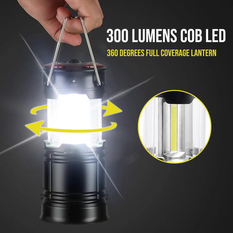 Two Pack Rechargeable Camping Lanterns With Dual Power Source Beaming 360 Degree Lantern Mode showing bright COB LED light.