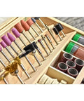 Hella Versatile 100 Piece Rotary Tool Accessory Set Featuring 1/8 Inch Shank Abrasive Burrs and various polishing tips in wooden case.