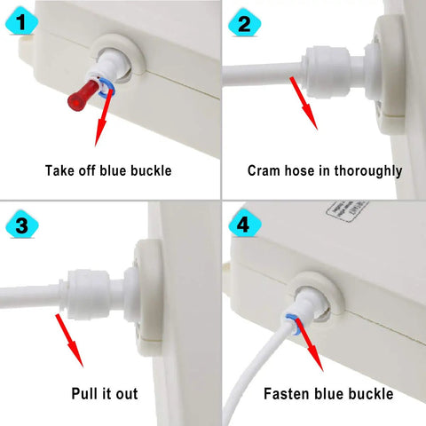 Installation steps for 5 Gallon Bottle Water Dispenser Pump System For Home And Office Use, showing hose and blue buckle attachment.