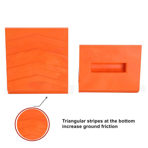 Orange heavy duty rubber wheel chocks for trailers with no slip curved design, showing triangular stripes for friction.
